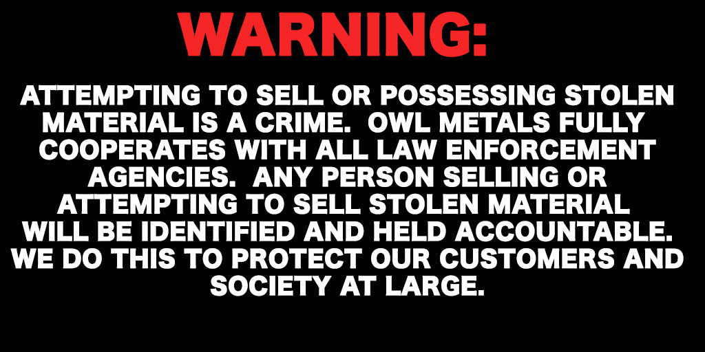 Stop-Metal-Theft-Warning-Owl-Metals-Inc-410-282-0068-Copper-Theft-Aluminum-Theft-Brass-and-Bronze-Theft-Steel-Theft-Dundalk-MD-Essex-MD-Towson-MD-Timonium-MD-Columbia-MD-Glen-Burnie-MD